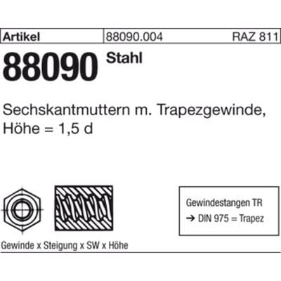 Sechskantmutter R 88090 Trapezgewinde TR16x4-SW27x24 Stahl Höhe=1,5d 1 Stück