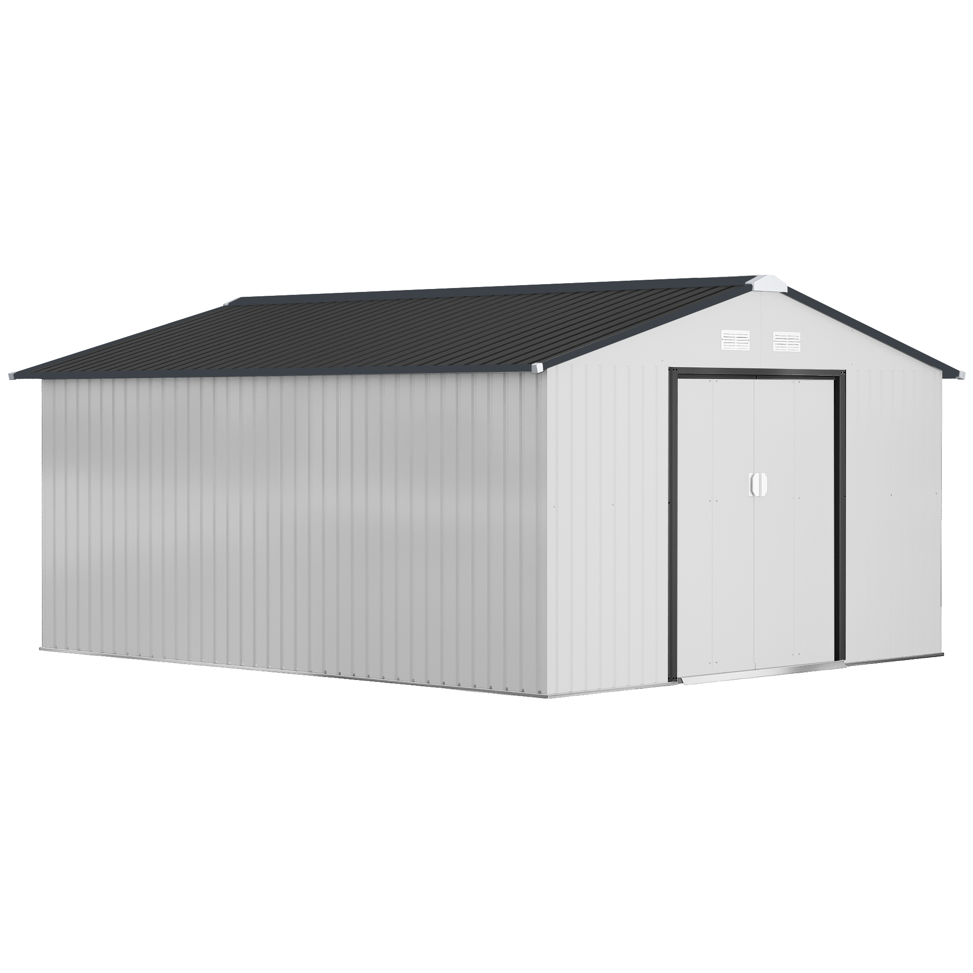Gartenhaus Aus Stahl, 3,4 X 3,8 X 2 M, Mit Doppelter Schiebetür Und Schrägdach, Silberfarben
