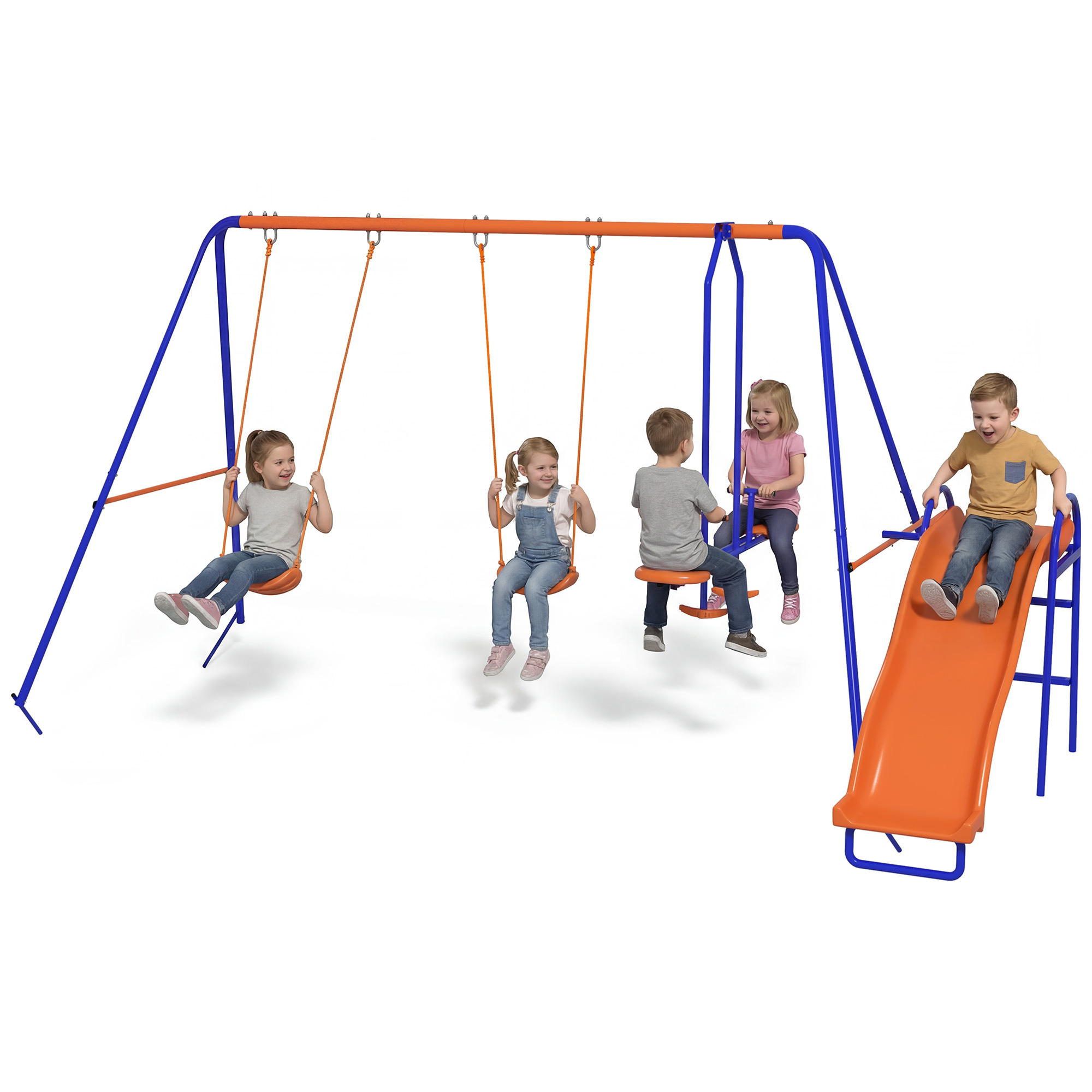 4-in-1 Kinderschaukelset: Schaukel Mit 2 Einzelschaukeln, 1 Wippe Und 1 Bunter Rutsche.