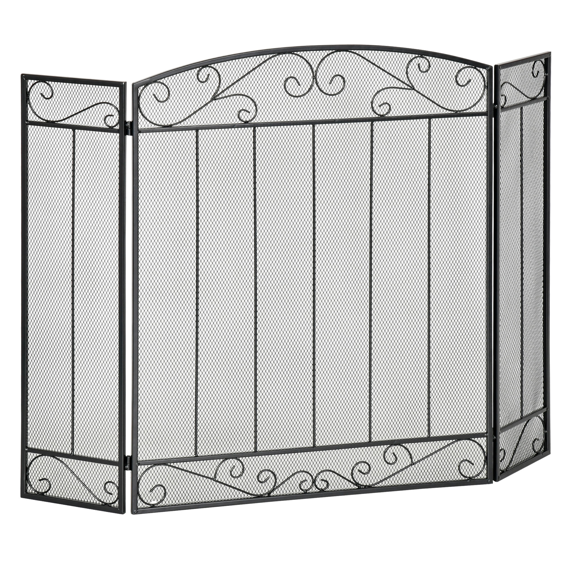 Feuerschutzgitter Mit 3 Faltbaren Elementen Aus Schwarzem Metall Und Stahl, 105 X 1,6 X 80,5 Cm