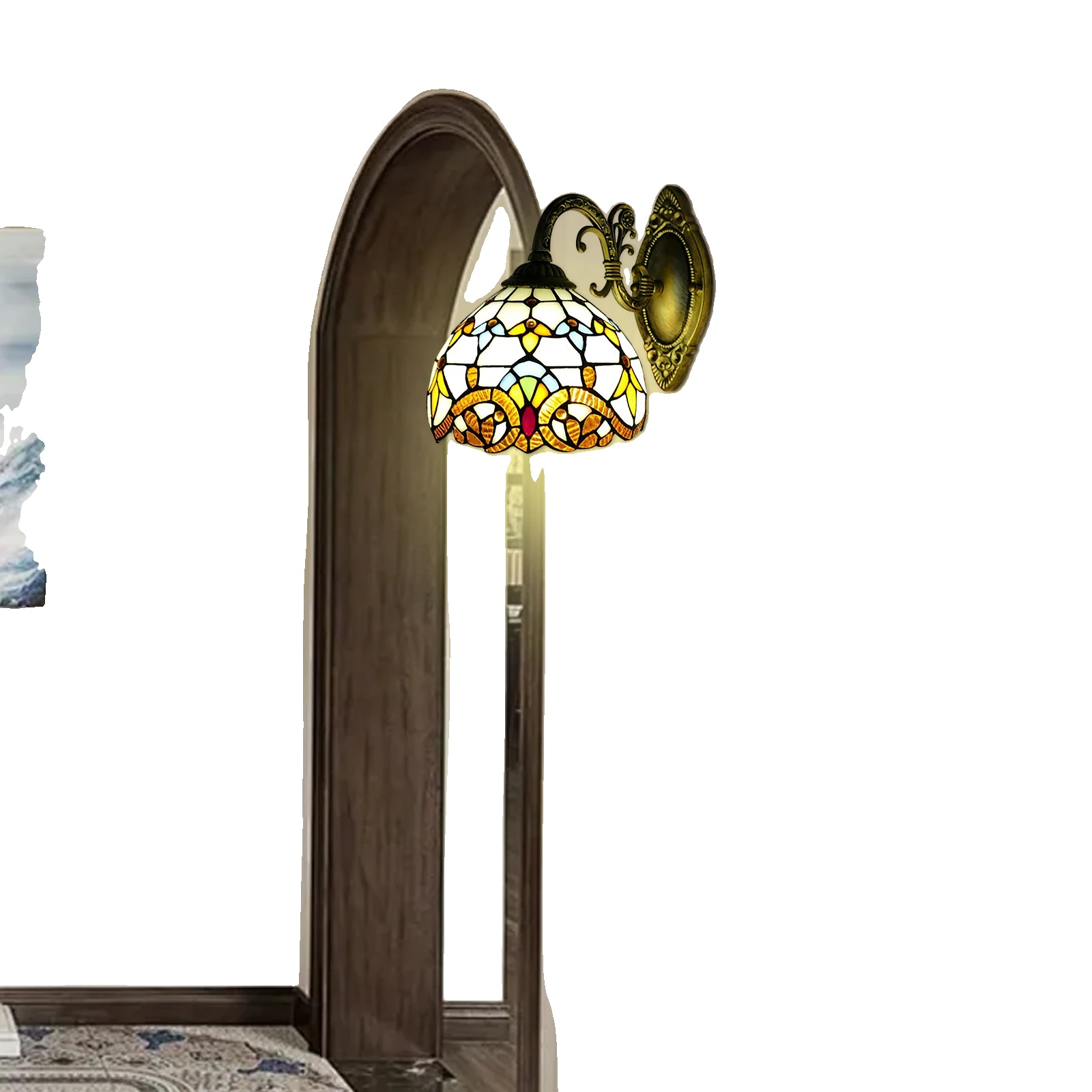 Wandleuchte Im Tiffany-stil, Lampenschirm Aus Getöntem Vintage-glas, Kompaktes Design, Einfache Montage