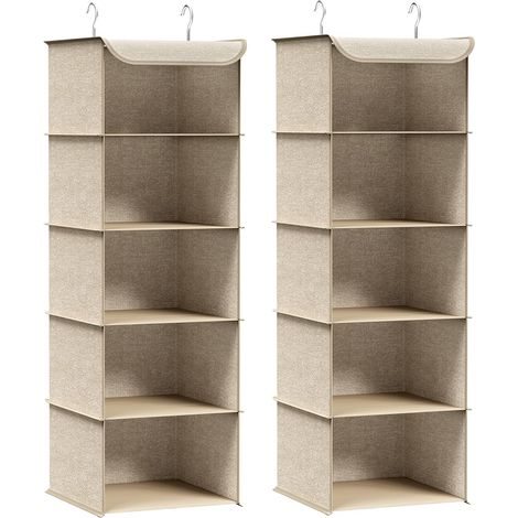 Set Mit 2 Hängeregalen, Faltbar, Bambusverstärkt, Metallhaken, Leinenmuster, Für Kleiderschränke