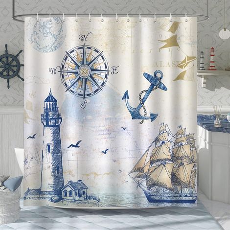 Maritimer Duschvorhang Mit Leuchtturm, Segelboot, Kompass Und Anker, 180 X 200 Cm, Polyestergewebe, Schimmelresistent, Wasserdicht, Waschbar