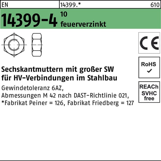 Peiner - Umformtechnik Sechskantmutter en 14399 m 22 x 2,5 Stahl feuerverzinkt