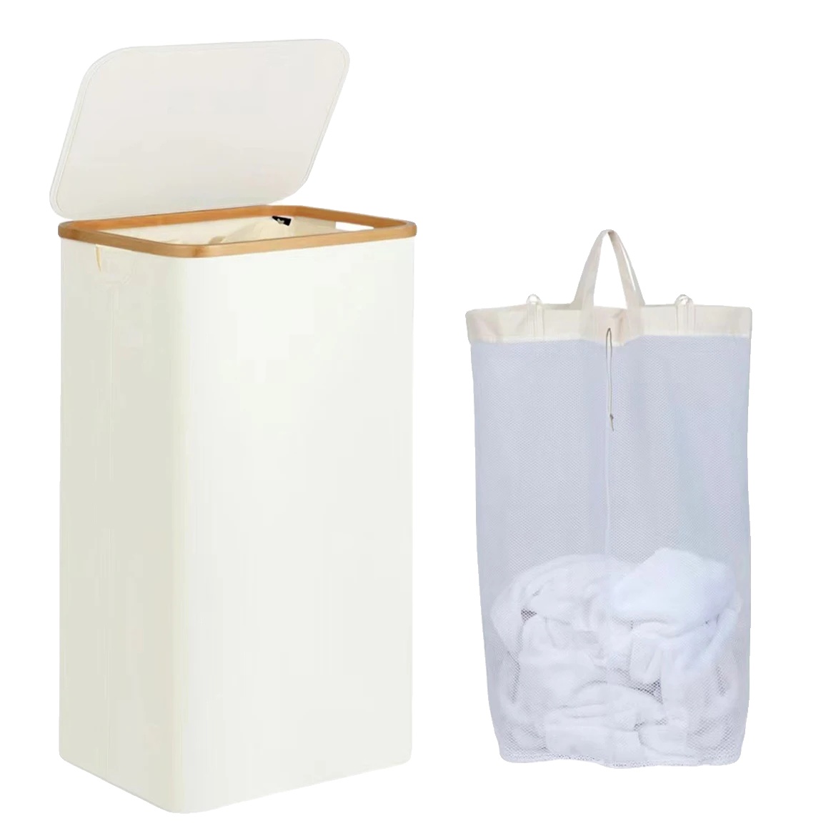 Wäschekorb, Herausnehmbarer Innenbeutel, Platzsparendes Design, Beige, 100 L