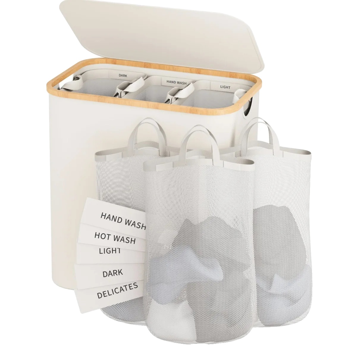 Wäschekorb, Herausnehmbarer Innenbeutel, Platzsparendes Design, Beige, 160 L