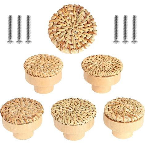 Set Aus 6 Rattan-möbelknöpfen, Tür- Und Schubladenknöpfe Im Bohème-stil, Runde Holzgriffe Für Kommoden, Schränke Und Küchenmöbel.
