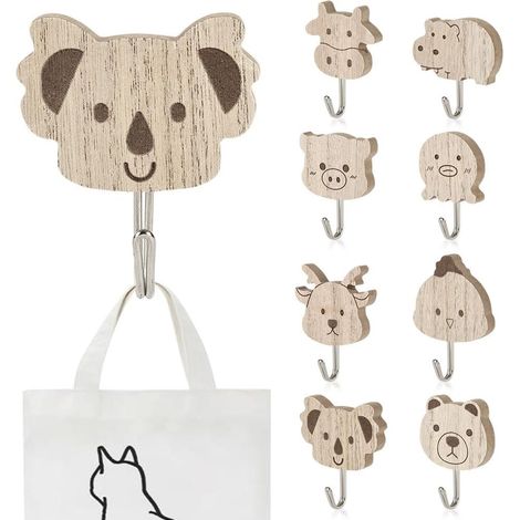 8-teiliges Wandhaken-set Für Kinder, Wandhaken Aus Holz Mit Tiermotiven, Selbstklebende Holzhaken, Wandhaken Aus Holz Für Kleidung, Schlüssel, Hüte, Taschen, Schmuck, Badezimmer, Schlafzimmer, Zuhause