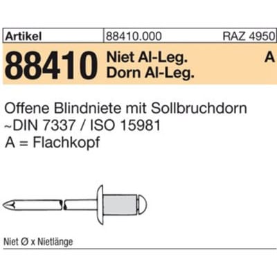 Reyher - Blindniete r 88410 Flachkopf 3,2 x 6,1 Niet Aluminium/Dorn Aluminium
