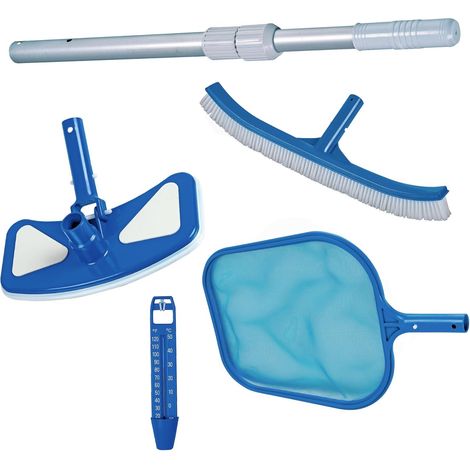 Poolpflege-set, Bodensauger, 46 Cm Gebogene Bürste, Teleskopstiel Aus Aluminium, Skimmernetz, Schwimmthermometer