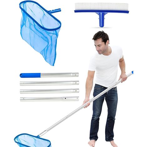 3-teiliges Poolreinigungsset, 140 Cm Aluminiumstange, Tiefennetz, 25 Cm Bürste, Für Teiche Und Whirlpools