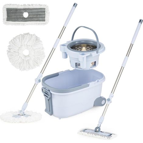 Wischmopp- Und Eimer-set, Doppelkammer, Rechteckiger Und Runder Kopf, Mikrofaser, Verstellbarer Griff, Für Böden Und Wände