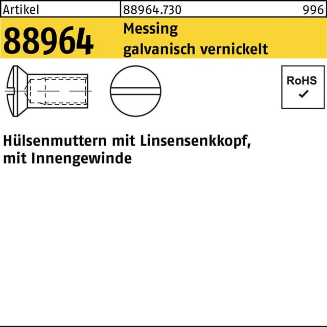 Hülsenmuttern Messing gal Ni Liko M 4 x 12 Ms Ni S 200 Stk