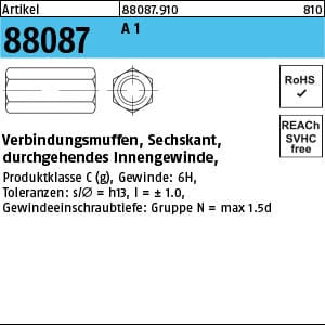 Sechskantverbindungsmuffe R 88087 M 8 x 30 SW13 Austenite (A1/1.4305) durchg. Innengew.