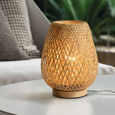 Nachttischlampe, Bambuslampenschirm, Holzfuß, Warmes Licht, E27-fassung, Wohnzimmer, Schlafzimmer, Garten