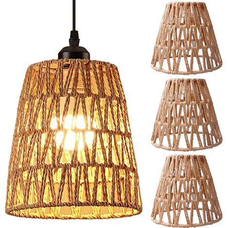Set Mit 3 Lampenschirmen Aus Geflochtenem Rattan – Kleines Modell E27 – Maße: 8 X 15 X 13 Cm – Deckenleuchte Für Wohnzimmer Und Café