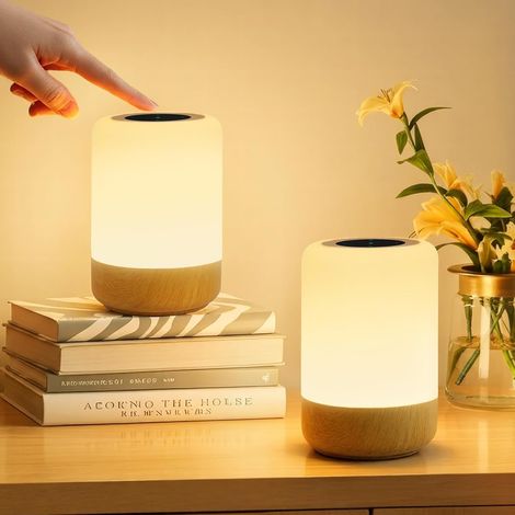 Set Mit 2 Berührungsempfindlichen Nachttischlampen, Wiederaufladbare Led-lampe Mit 8 Farben, Nachtlicht Aus Holz Mit Memory-funktion