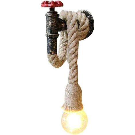 Wandleuchte Im Retro-industrie-stil Aus Hanfseil Und Wasserrohr. Kreative Wandlampe Mit Einer E27-fassung, Perfekte Dekorative Beleuchtung.