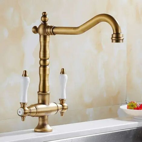 Vintage-küchenarmatur, Retro-spültischarmatur Mit Zwei Griffen, Warm- Und Kaltwasser Einstellbar, 360° Schwenkbar, Bronze