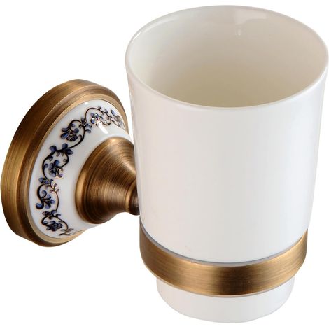 Antiker Zahnbürstenhalter Aus Messing In Bronzeoptik Mit Weißem Keramikbecher, Badezimmeraccessoires, Porzellandesign