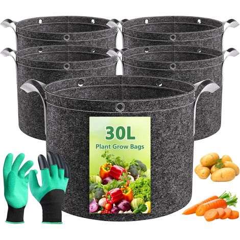 Set Mit 5 Pflanzsäcken À 30 Liter, Atmungsaktives Vliesmaterial, Mit Verstärkten Griffen Und Handschuhen, Für Gemüse Und Blumen