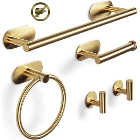 Set Aus 5 Badezimmer-handtuchstangen, Handtuchhalter, Handtuchring, Haken, Edelstahl 304, Selbstklebender Handtuchhalter (gold)