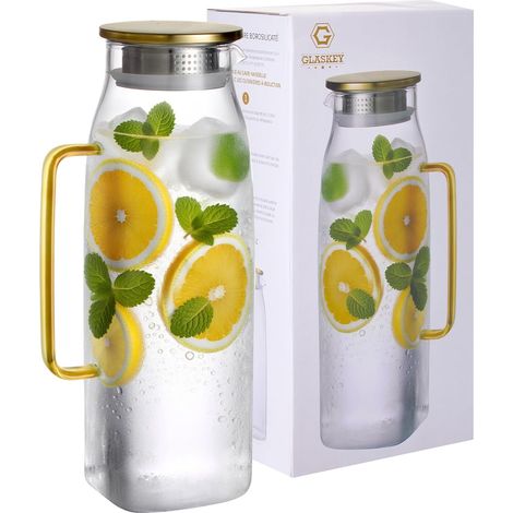 Karaffe Aus Borosilikatglas (2,2 L), Edelstahldeckel Mit Doppelausguss, Kühlschrankkrug Für Küche, Tee, Café, Saft