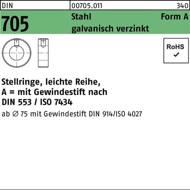 Stellring DIN 705 m.Gewindestift A 12 x 22 x 12 Stahl galvanisch verzinkt leichte Reihe