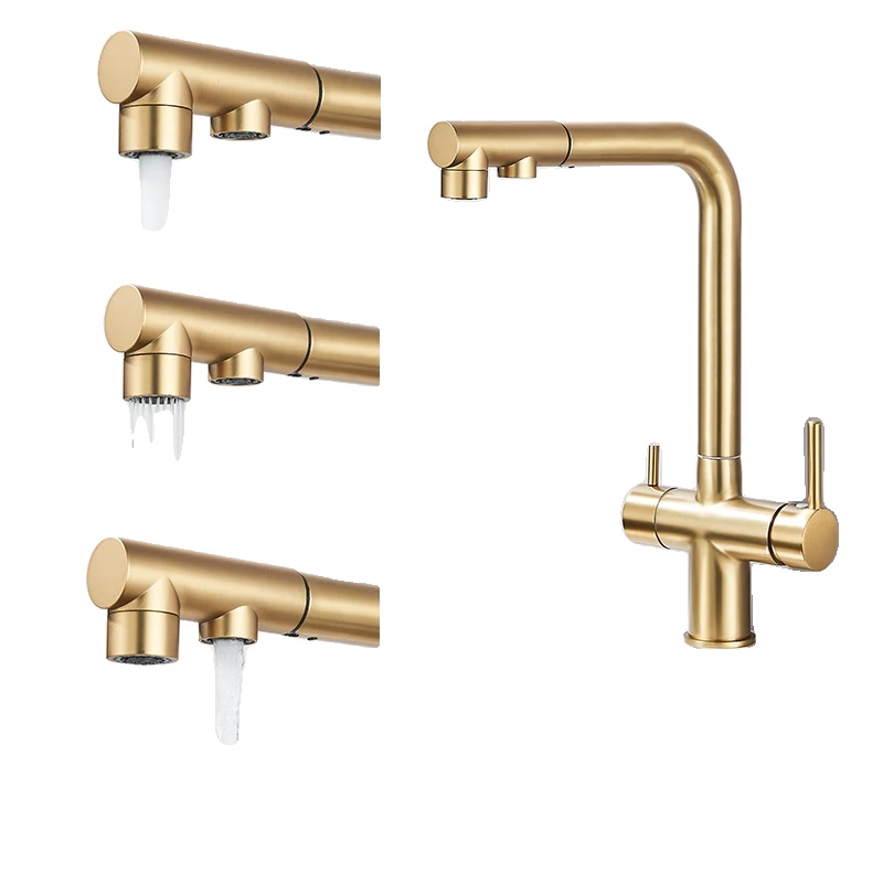 Küchenarmatur, Zwei Temperaturstufen, Ausziehbarer Brausekopf, Gebürstetes Gold