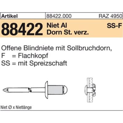 Blindniete r 88422 Flachkopf 4,8 x 20 Niet AIu/Dorn Stahl verzinkt