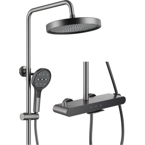 Duschsäule Mit 3 Funktionen, Graues, Wandmontiertes Duschsystem Mit Rundem Duschkopf, 3-düsen-duschkopf Und Wasserfall-badewannenauslauf.