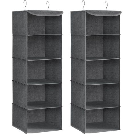 Set Mit 2 Faltbaren Hänge-kleidertaschen, Bambusverstärkt, Metallhaken, Leinenmuster, Grau