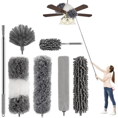 7-teiliges Teleskop-staubwedel-set, 256 Cm Lang, Waschbare Mikrofaser, Wolfskopf-design Für Decken, Grau