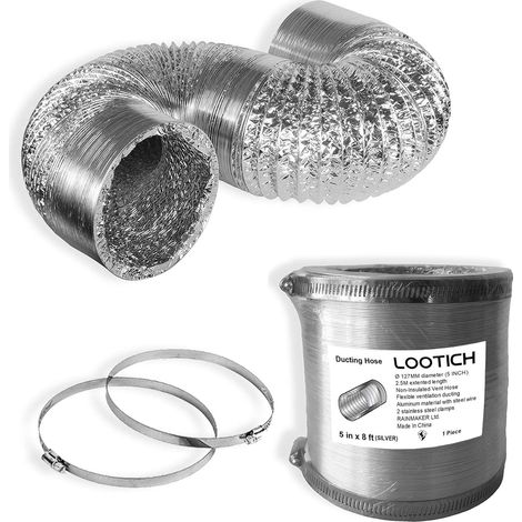 Flexibler Aluminium-lüftungsschlauch, 127 Mm Lang, 2,5 M, Wasserdicht, Mit 2 Stahlklemmen Für Küche Und Bad