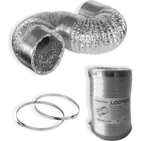 Flexibler Aluminium-lüftungsschlauch, 79 Mm Durchmesser, 2,5 M Länge, Für Bad, Küche, Wäschetrockner, Mit 2 Klemmen