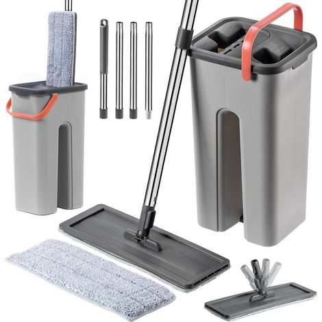 Kadax Reinigungsset Mit Flachmopp Mit Langem Stiel, Auswringeimer Mit Zwei Kammern Und Zwei Mikrofaser-moppbezügen (grau)
