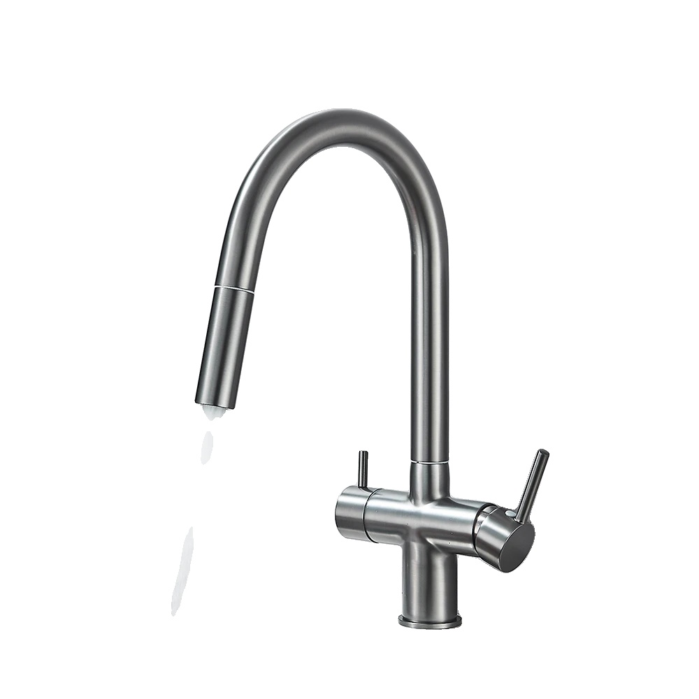 Küchenarmatur Für Gereinigtes Wasser, Zwei Griffe, Aufsatzmontage, Keramikventil, Grau