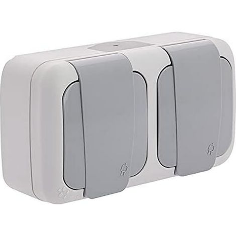 Doppelsteckdose (2p+e), Grau, Ip54 Wasserdicht, Automatische Verbindung, Für Den Außenbereich