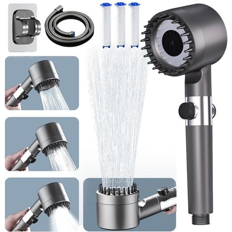 Duschkopf, Antikalkfilter, 4 Strahlarten, Stopptaste, 1,5 M Schlauch, Badezimmer