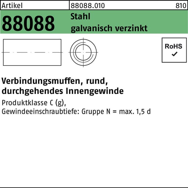 Verbindungsmuffe R 88088 rund m.IG M 6 x 30 x 10 Stahl galvanisch verzinkt durchg. IG