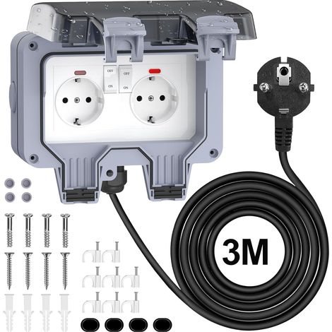 Ip66 Doppel-außensteckdose Mit Schalter, 3 M Kabel, Klappdeckel Für Garten, Terrasse, Garage