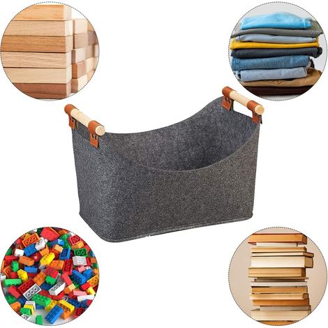 Brennholzkorb, Aufbewahrungskorb, Brennholzsack Mit Verstärktem Holzgriff, Filzkorb, 40 X 27 X 22 Cm