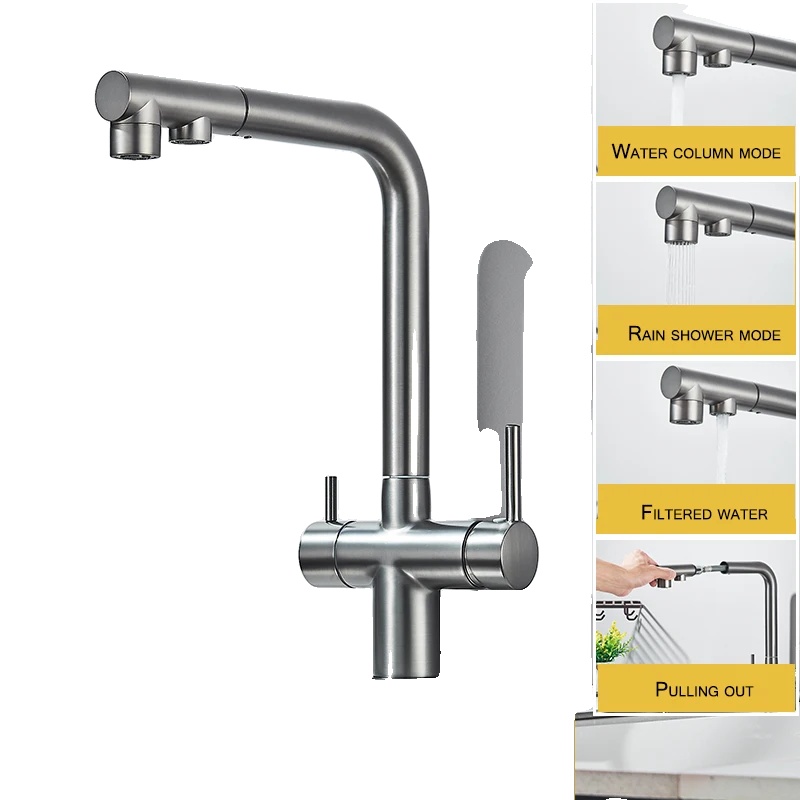 Küchenarmatur, Zweigriffarmatur, Ausziehbrause, Grau