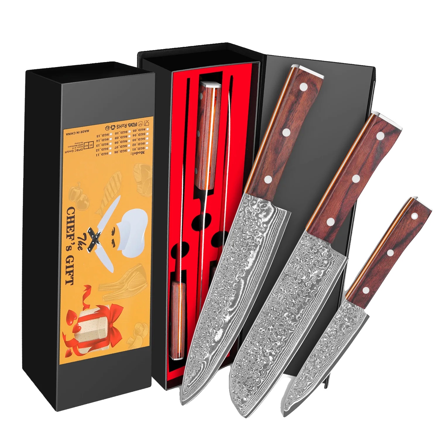 Küchenmesserset, Damaszenerstahl, Ergonomischer Griff, Dreiteiliges Set