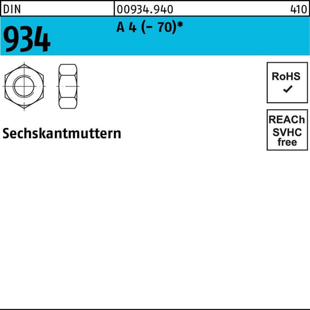Sechskantmutter DIN 934 M 20 x 2,5 Edelstahl A4 blank 25 Stk