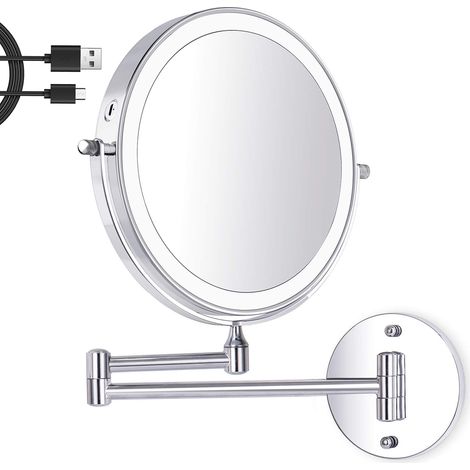 8-zoll-led-wand-schminkspiegel, Beleuchteter Vergrößerungsspiegel, 1-fache/7-fache Vergrößerung, 3 Einstellbare Lichtfarben, Usb-ladefunktion, 360° Schwenkbar Und Ausziehbar, Für Badezimmer Und Wohnbe