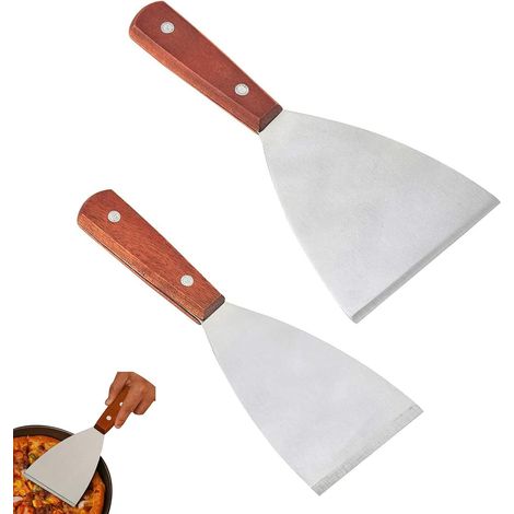 Spatel Mit Holzgriff Aus Edelstahl, Grill- Und Pfannenwender, Hochwertiger Edelstahlspatel Zum Grillen Von Fleisch, Teppanyaki Und Reinigen Von Grillpfannen, Spülmaschinenfest, 2 Stück