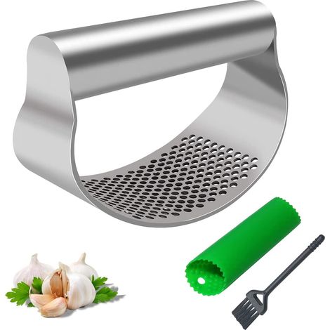 Knoblauchpresse Aus Lebensmittelechtem Edelstahl Mit Silikonschlauchrolle Und Reinigungsbürste
