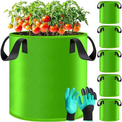 Set Mit 5 Pflanzsäcken, 30 L, Filz, Griffe, 35,5 X 30,5 Cm, Für Den Außenbereich