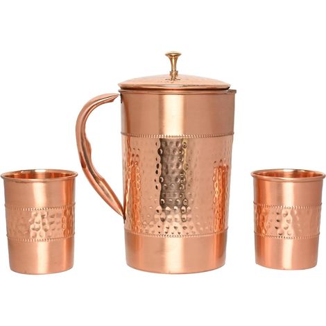 Kupferwasserkaraffe, 2 Gehämmerten Becher, 1,5 L Fassungsvermögen, Ayurvedische Anwendung, Reines Interieur